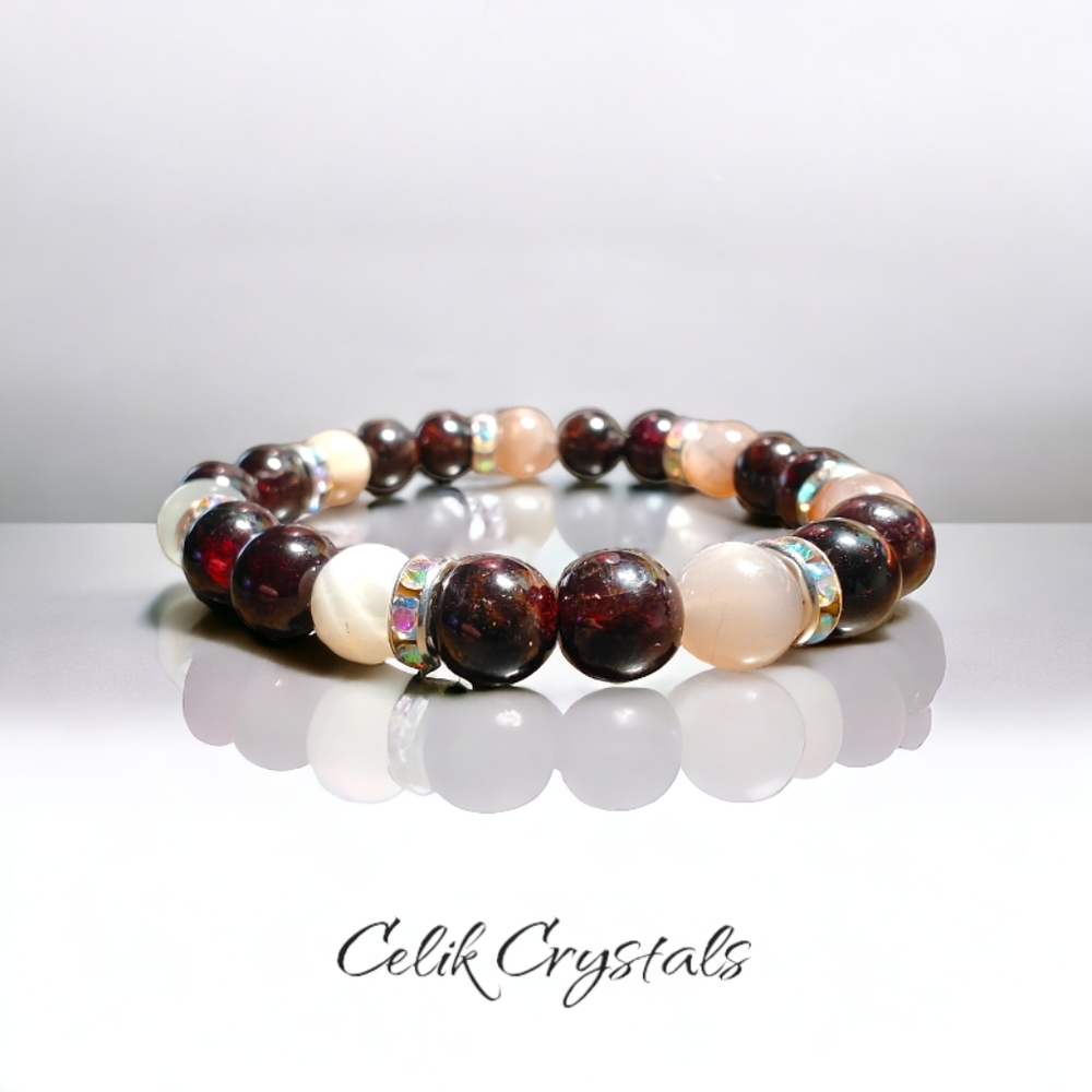 Red Garnet & Multi Color Moonstone Bracelet Natural Stones 8mm